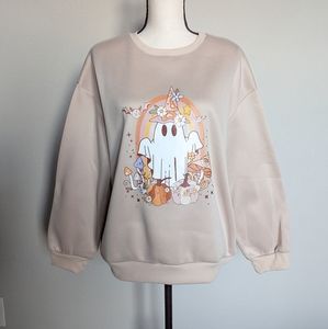 Tan Halloween hippie ghost fleece lined crewneck sweater size L